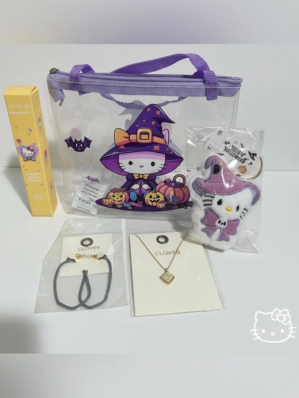 5pieces Hello Kitty Purple Witch Clear Tote Bag witch match plush keychain and +